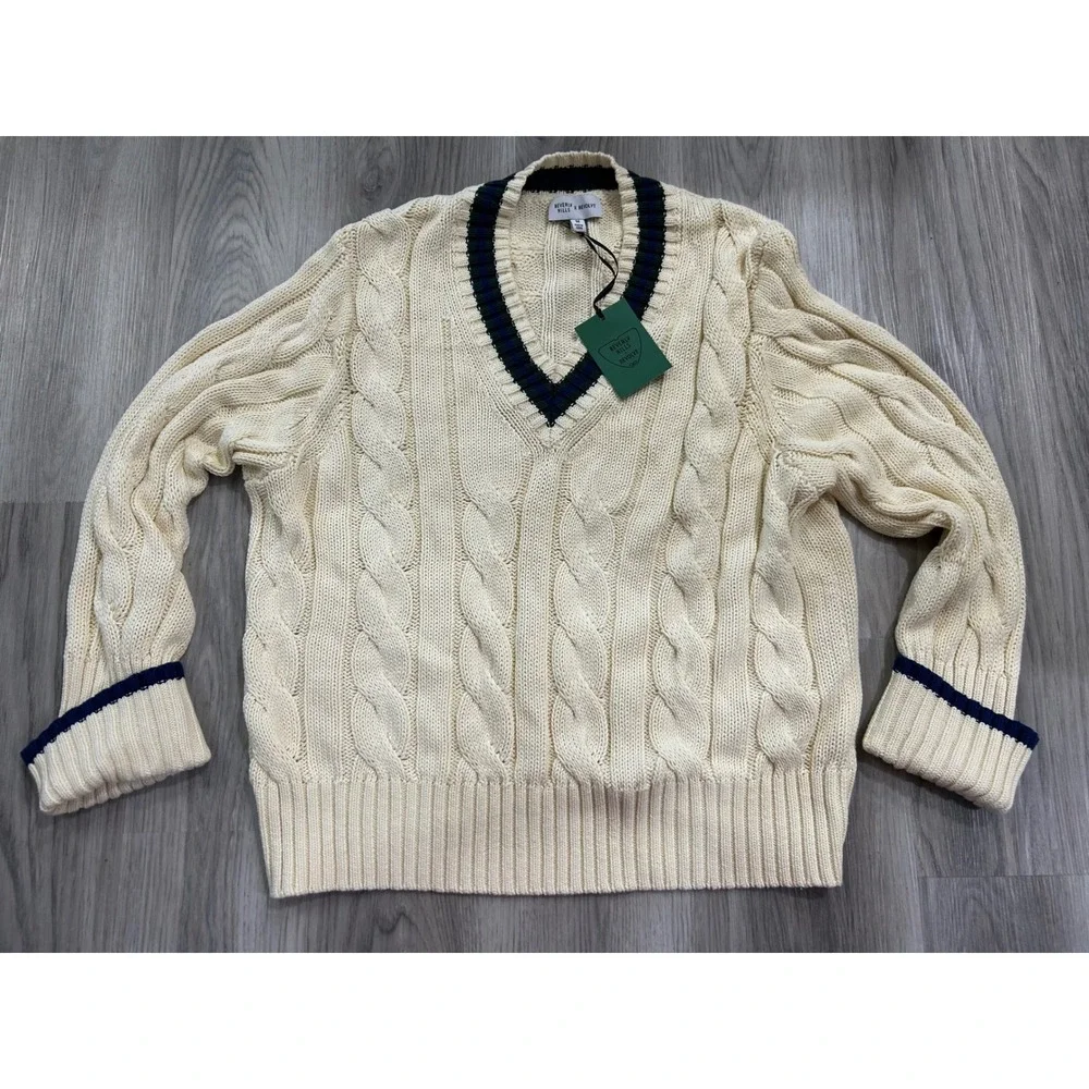 Beverly Hills x Revolve Womens Cable Knit V-Neck Cotton Sweater M Cream Navy